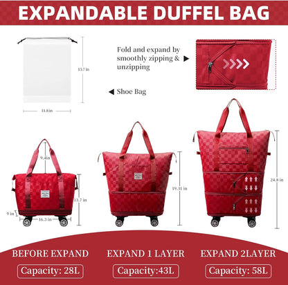 Rolling Duffle Bag with Wheels and Shoe Bag Expandable Foldable Travel Duffel Bag Carry on Luggage Bag Checkerboard Weekender Bag for Men Women