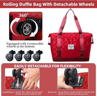 Rolling Duffle Bag with Wheels and Shoe Bag Expandable Foldable Travel Duffel Bag Carry on Luggage Bag Checkerboard Weekender Bag for Men Women