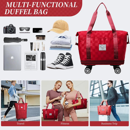Rolling Duffle Bag with Wheels and Shoe Bag Expandable Foldable Travel Duffel Bag Carry on Luggage Bag Checkerboard Weekender Bag for Men Women