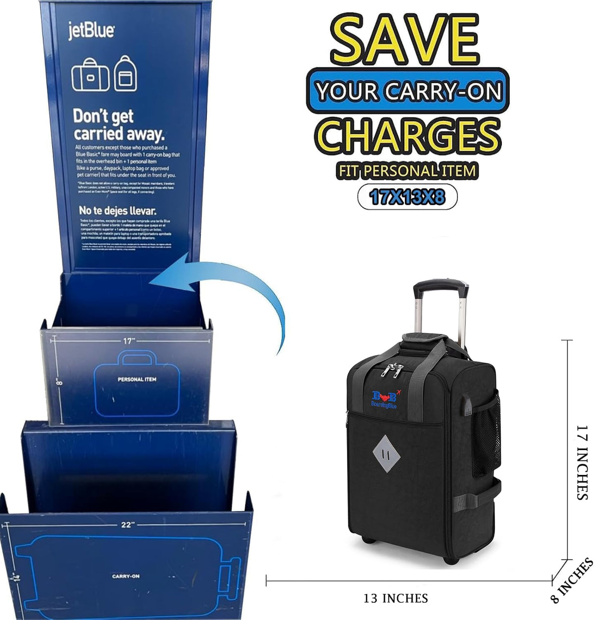 For JetBlue Airlines 17x13x8 Inches Rolling Personal Item Underseat Rolling Travel Bag - Suitable for Major Airlines including Spirit, Jetblue and Frontier- Duffel Bag Design