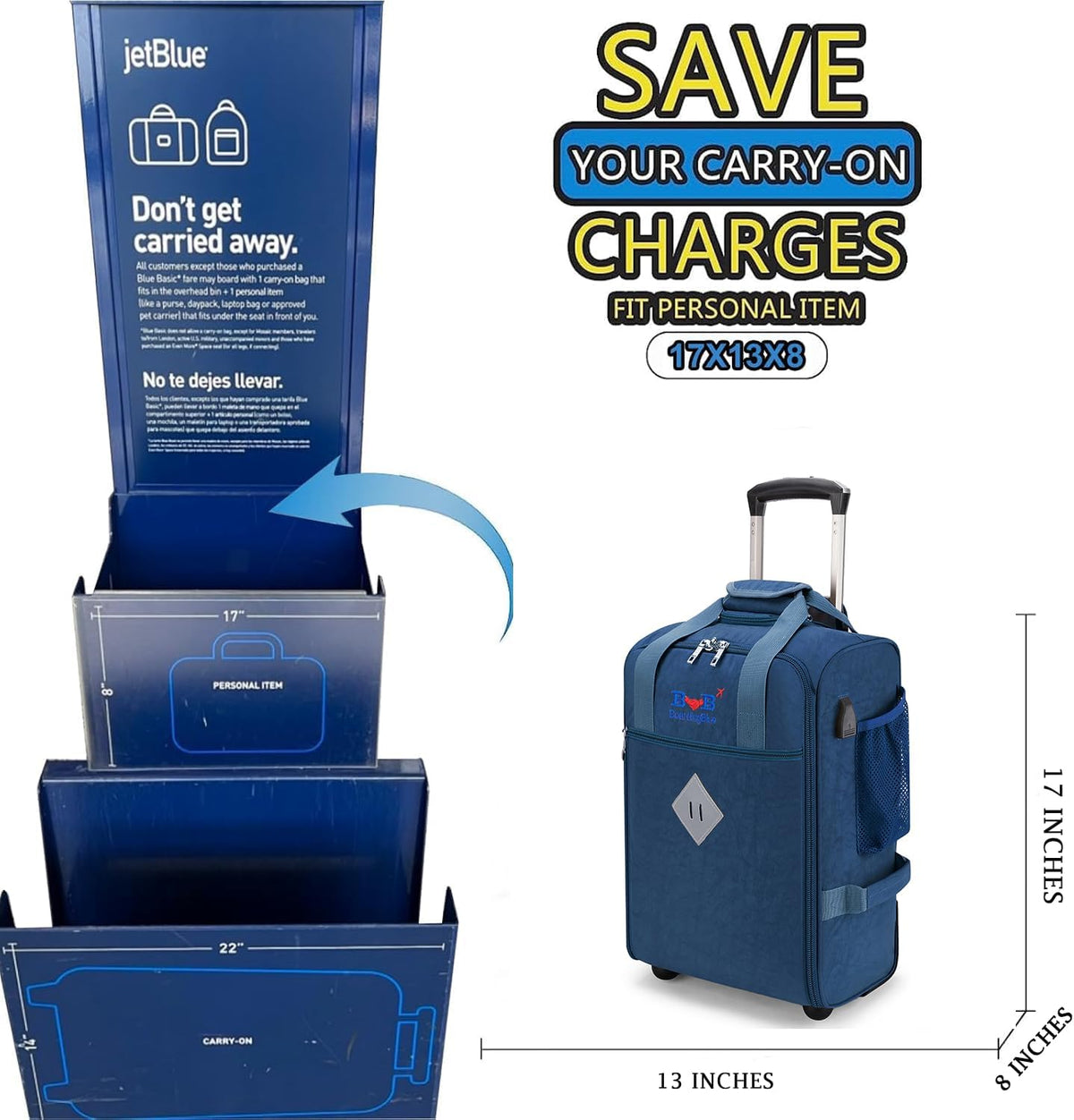 For JetBlue Airlines 17x13x8 Inches Rolling Personal Item Underseat Rolling Travel Bag - Suitable for Major Airlines including Spirit, Jetblue and Frontier- Duffel Bag Design