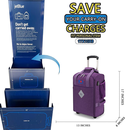 For JetBlue Airlines 17x13x8 Inches Rolling Personal Item Underseat Rolling Travel Bag - Suitable for Major Airlines including Spirit, Jetblue and Frontier- Duffel Bag Design