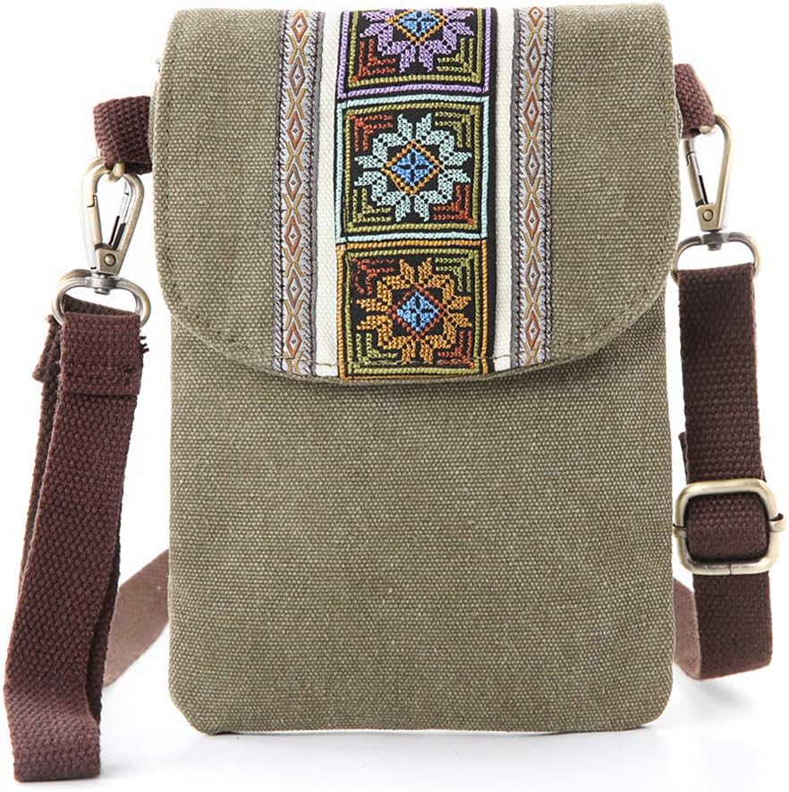 Vintage Embroidered Canvas Flip Small Crossbody Bag Cell Phone Pouch for Women Wristlet Wallet Bag Coin Purse