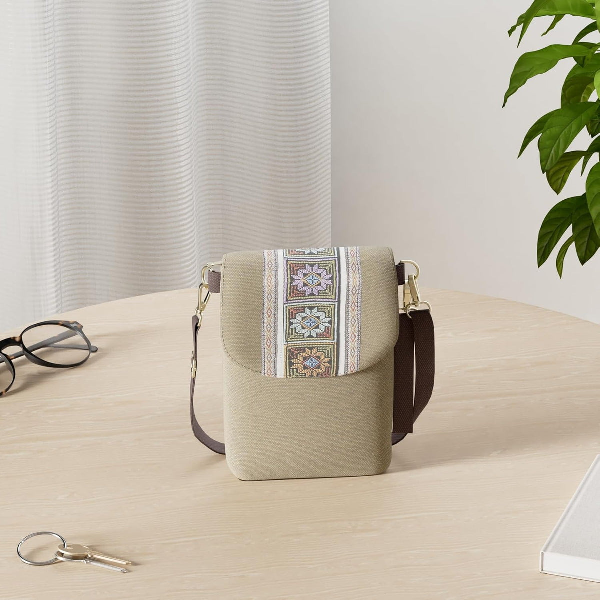 Vintage Embroidered Canvas Flip Small Crossbody Bag Cell Phone Pouch for Women Wristlet Wallet Bag Coin Purse