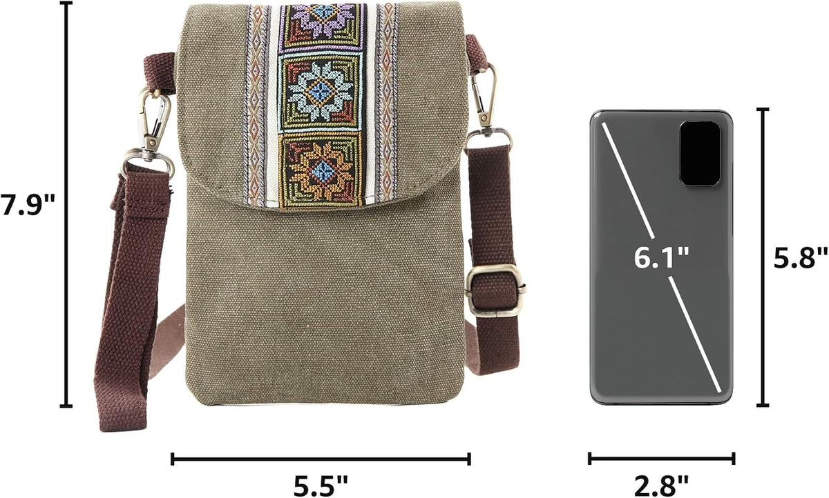 Vintage Embroidered Canvas Flip Small Crossbody Bag Cell Phone Pouch for Women Wristlet Wallet Bag Coin Purse