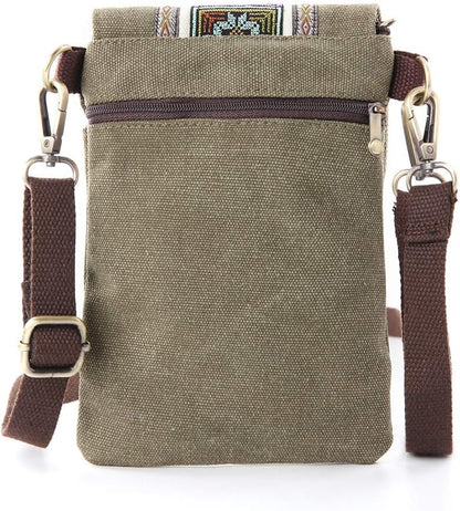 Vintage Embroidered Canvas Flip Small Crossbody Bag Cell Phone Pouch for Women Wristlet Wallet Bag Coin Purse