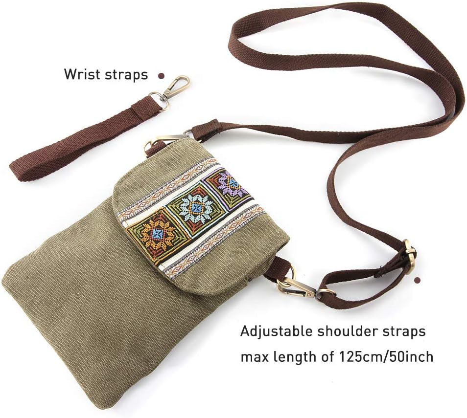 Vintage Embroidered Canvas Flip Small Crossbody Bag Cell Phone Pouch for Women Wristlet Wallet Bag Coin Purse