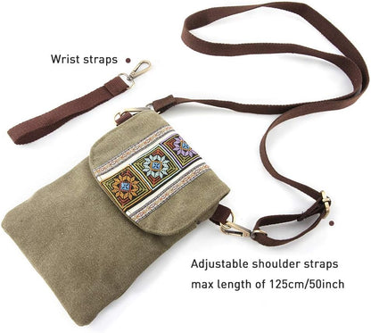 Vintage Embroidered Canvas Flip Small Crossbody Bag Cell Phone Pouch for Women Wristlet Wallet Bag Coin Purse