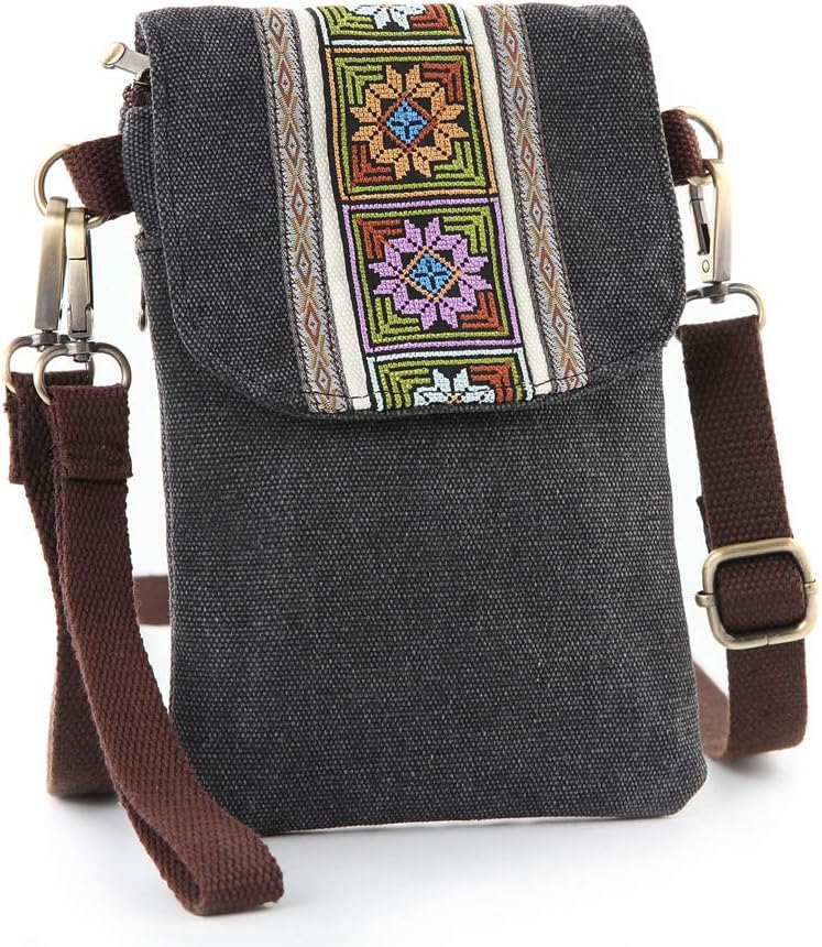 Vintage Embroidered Canvas Flip Small Crossbody Bag Cell Phone Pouch for Women Wristlet Wallet Bag Coin Purse