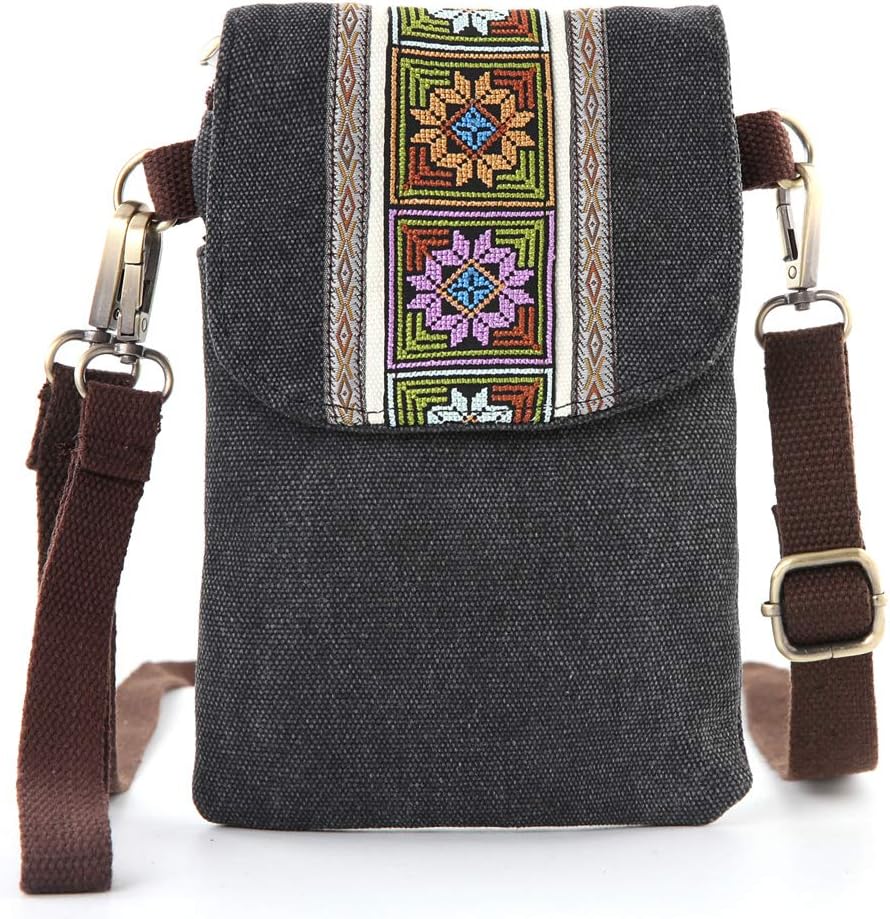 Vintage Embroidered Canvas Flip Small Crossbody Bag Cell Phone Pouch for Women Wristlet Wallet Bag Coin Purse