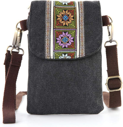 Vintage Embroidered Canvas Flip Small Crossbody Bag Cell Phone Pouch for Women Wristlet Wallet Bag Coin Purse