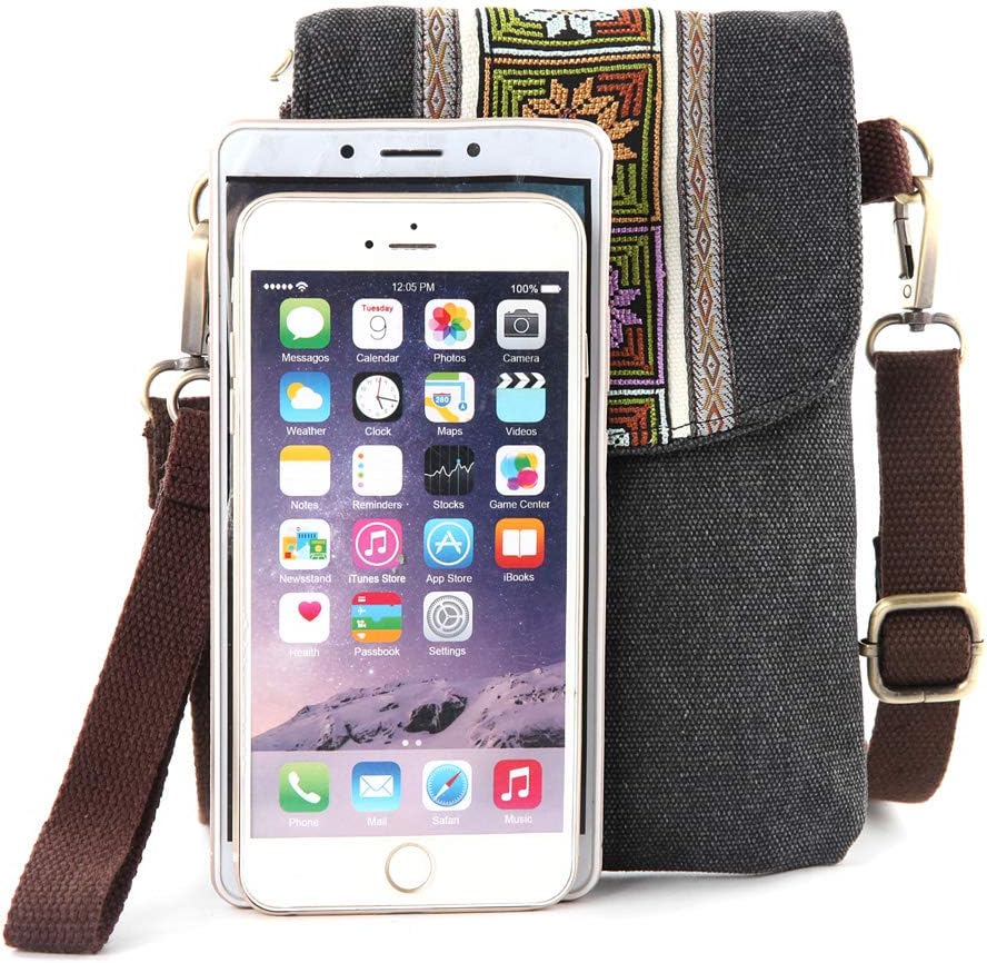 Vintage Embroidered Canvas Flip Small Crossbody Bag Cell Phone Pouch for Women Wristlet Wallet Bag Coin Purse