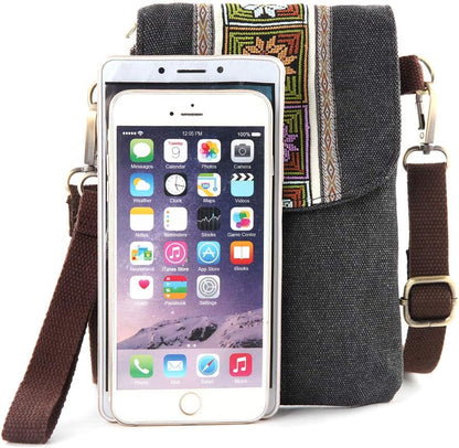 Vintage Embroidered Canvas Flip Small Crossbody Bag Cell Phone Pouch for Women Wristlet Wallet Bag Coin Purse