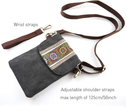 Vintage Embroidered Canvas Flip Small Crossbody Bag Cell Phone Pouch for Women Wristlet Wallet Bag Coin Purse