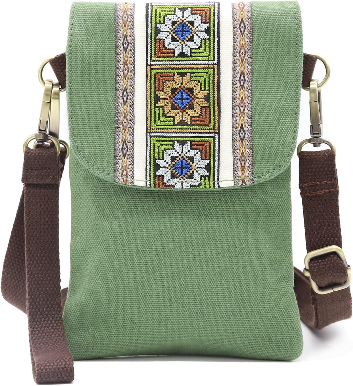 Vintage Embroidered Canvas Flip Small Crossbody Bag Cell Phone Pouch for Women Wristlet Wallet Bag Coin Purse