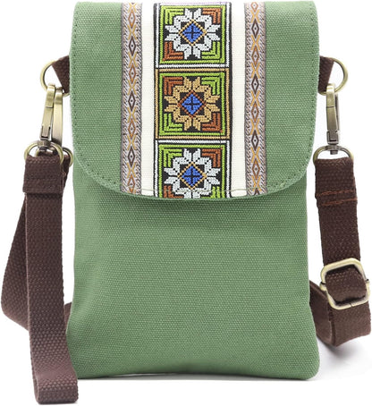 Vintage Embroidered Canvas Flip Small Crossbody Bag Cell Phone Pouch for Women Wristlet Wallet Bag Coin Purse