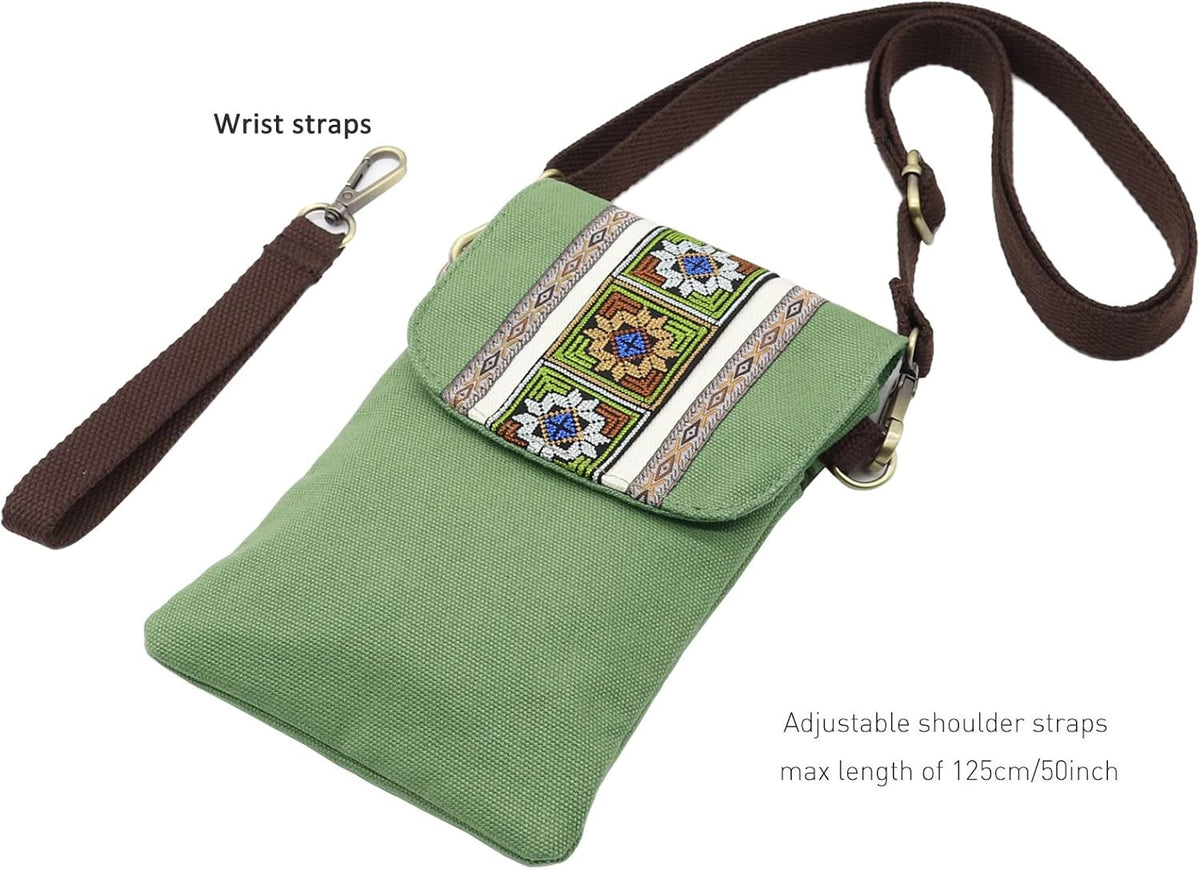 Vintage Embroidered Canvas Flip Small Crossbody Bag Cell Phone Pouch for Women Wristlet Wallet Bag Coin Purse