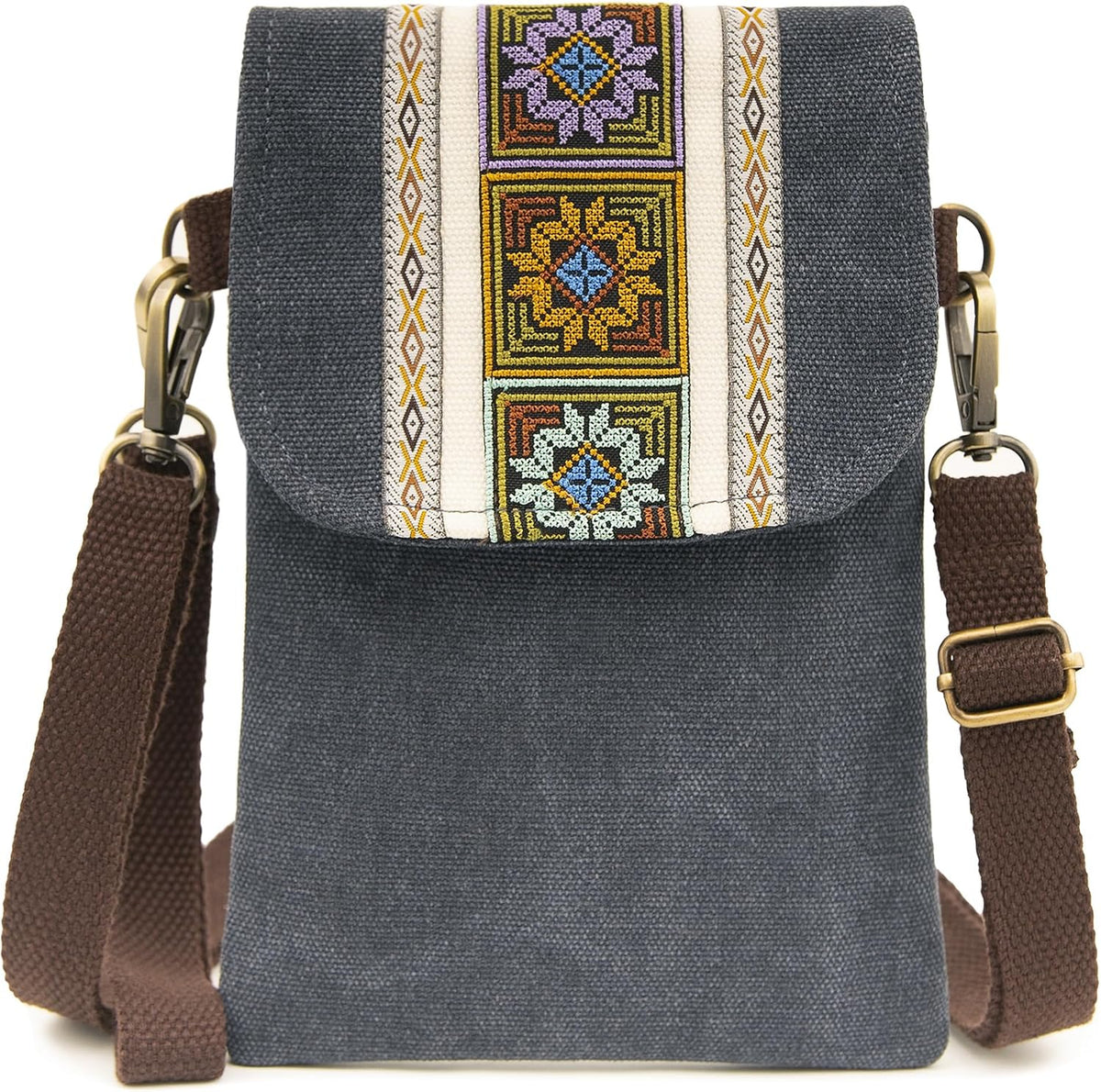 Vintage Embroidered Canvas Flip Small Crossbody Bag Cell Phone Pouch for Women Wristlet Wallet Bag Coin Purse