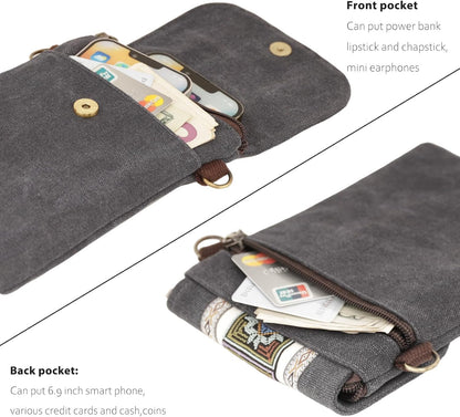Vintage Embroidered Canvas Flip Small Crossbody Bag Cell Phone Pouch for Women Wristlet Wallet Bag Coin Purse