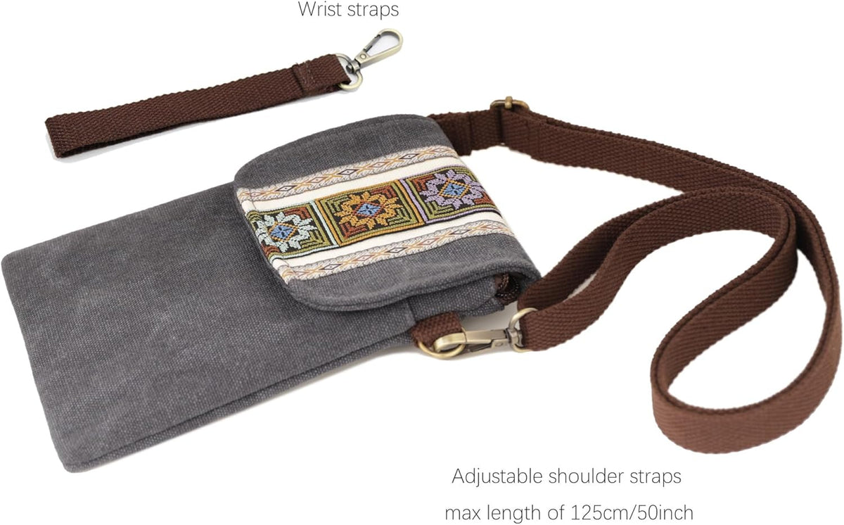 Vintage Embroidered Canvas Flip Small Crossbody Bag Cell Phone Pouch for Women Wristlet Wallet Bag Coin Purse