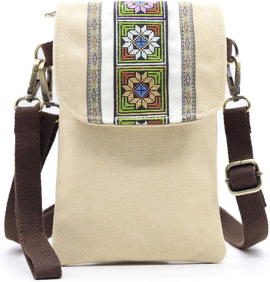 Vintage Embroidered Canvas Flip Small Crossbody Bag Cell Phone Pouch for Women Wristlet Wallet Bag Coin Purse