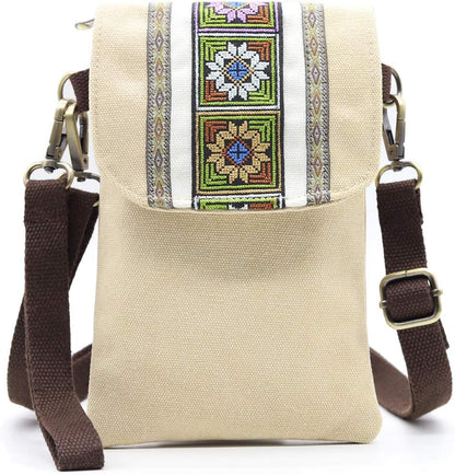 Vintage Embroidered Canvas Flip Small Crossbody Bag Cell Phone Pouch for Women Wristlet Wallet Bag Coin Purse