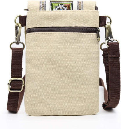 Vintage Embroidered Canvas Flip Small Crossbody Bag Cell Phone Pouch for Women Wristlet Wallet Bag Coin Purse