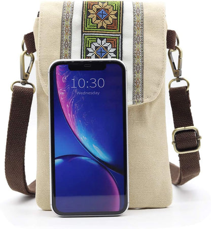 Vintage Embroidered Canvas Flip Small Crossbody Bag Cell Phone Pouch for Women Wristlet Wallet Bag Coin Purse