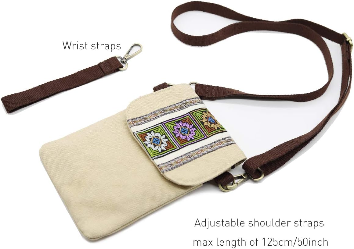 Vintage Embroidered Canvas Flip Small Crossbody Bag Cell Phone Pouch for Women Wristlet Wallet Bag Coin Purse