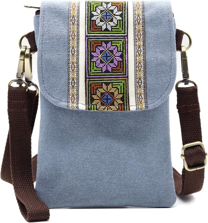 Vintage Embroidered Canvas Flip Small Crossbody Bag Cell Phone Pouch for Women Wristlet Wallet Bag Coin Purse