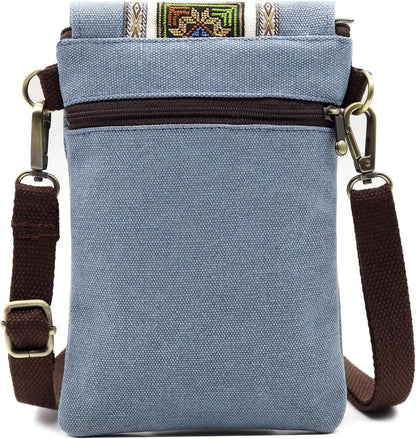 Vintage Embroidered Canvas Flip Small Crossbody Bag Cell Phone Pouch for Women Wristlet Wallet Bag Coin Purse