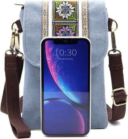 Vintage Embroidered Canvas Flip Small Crossbody Bag Cell Phone Pouch for Women Wristlet Wallet Bag Coin Purse