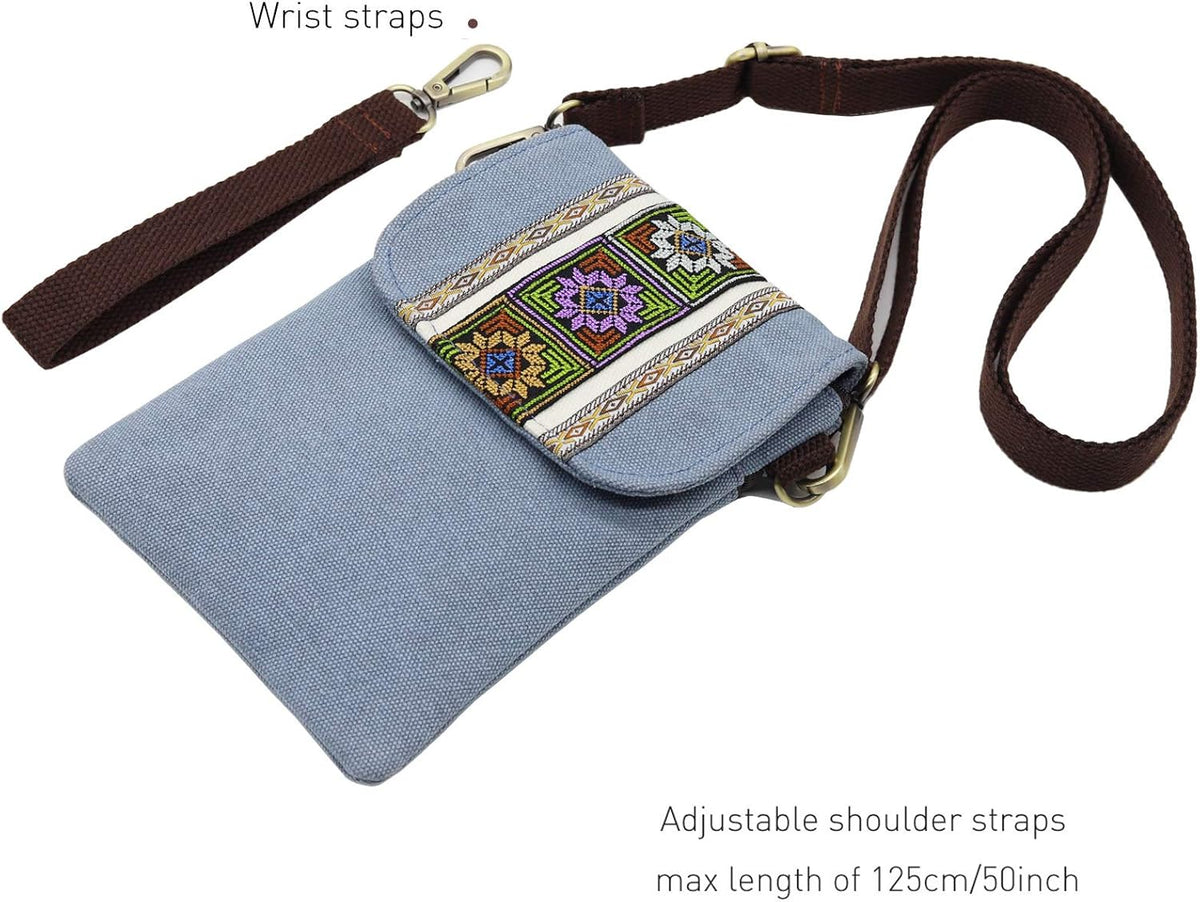 Vintage Embroidered Canvas Flip Small Crossbody Bag Cell Phone Pouch for Women Wristlet Wallet Bag Coin Purse