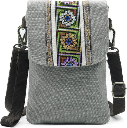 Vintage Embroidered Canvas Flip Small Crossbody Bag Cell Phone Pouch for Women Wristlet Wallet Bag Coin Purse