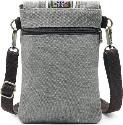 Vintage Embroidered Canvas Flip Small Crossbody Bag Cell Phone Pouch for Women Wristlet Wallet Bag Coin Purse
