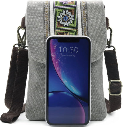 Vintage Embroidered Canvas Flip Small Crossbody Bag Cell Phone Pouch for Women Wristlet Wallet Bag Coin Purse