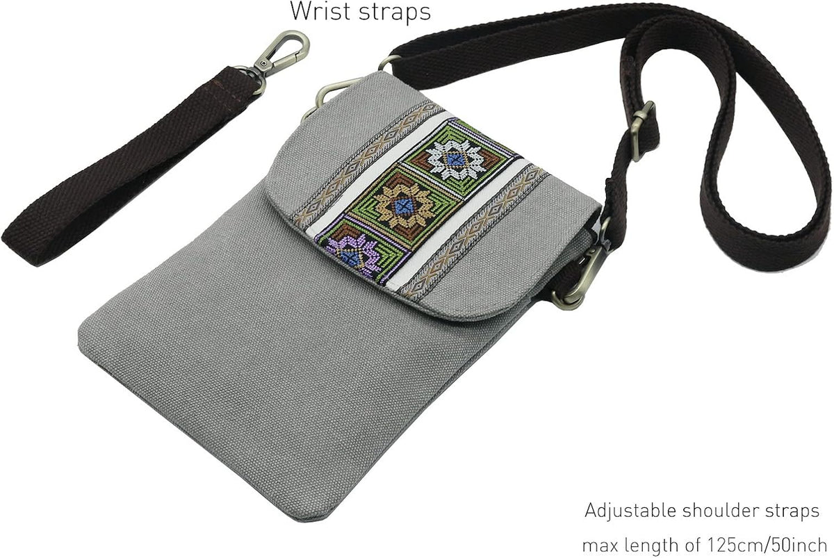 Vintage Embroidered Canvas Flip Small Crossbody Bag Cell Phone Pouch for Women Wristlet Wallet Bag Coin Purse