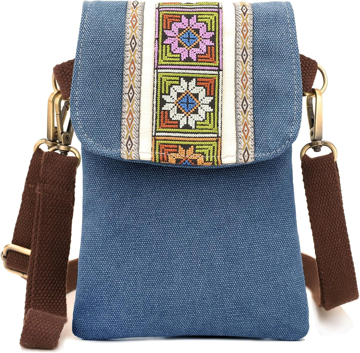 Vintage Embroidered Canvas Flip Small Crossbody Bag Cell Phone Pouch for Women Wristlet Wallet Bag Coin Purse