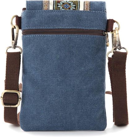 Vintage Embroidered Canvas Flip Small Crossbody Bag Cell Phone Pouch for Women Wristlet Wallet Bag Coin Purse