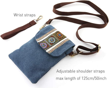 Vintage Embroidered Canvas Flip Small Crossbody Bag Cell Phone Pouch for Women Wristlet Wallet Bag Coin Purse