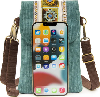 Vintage Embroidered Canvas Flip Small Crossbody Bag Cell Phone Pouch for Women Wristlet Wallet Bag Coin Purse