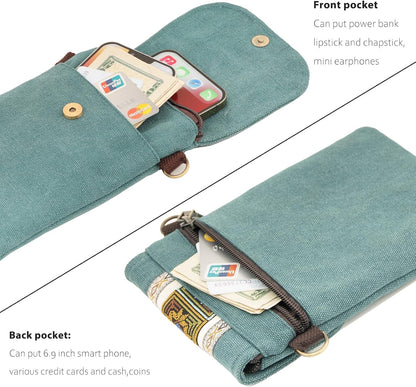 Vintage Embroidered Canvas Flip Small Crossbody Bag Cell Phone Pouch for Women Wristlet Wallet Bag Coin Purse