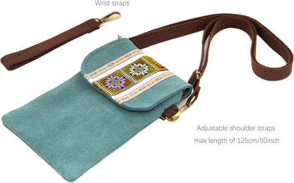 Vintage Embroidered Canvas Flip Small Crossbody Bag Cell Phone Pouch for Women Wristlet Wallet Bag Coin Purse