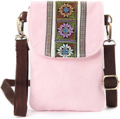 Vintage Embroidered Canvas Flip Small Crossbody Bag Cell Phone Pouch for Women Wristlet Wallet Bag Coin Purse