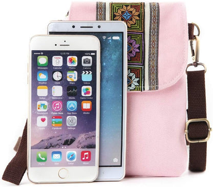 Vintage Embroidered Canvas Flip Small Crossbody Bag Cell Phone Pouch for Women Wristlet Wallet Bag Coin Purse