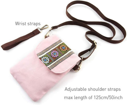 Vintage Embroidered Canvas Flip Small Crossbody Bag Cell Phone Pouch for Women Wristlet Wallet Bag Coin Purse