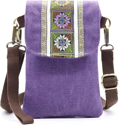 Vintage Embroidered Canvas Flip Small Crossbody Bag Cell Phone Pouch for Women Wristlet Wallet Bag Coin Purse