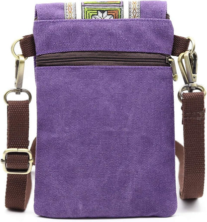 Vintage Embroidered Canvas Flip Small Crossbody Bag Cell Phone Pouch for Women Wristlet Wallet Bag Coin Purse