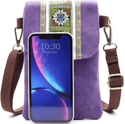 Vintage Embroidered Canvas Flip Small Crossbody Bag Cell Phone Pouch for Women Wristlet Wallet Bag Coin Purse