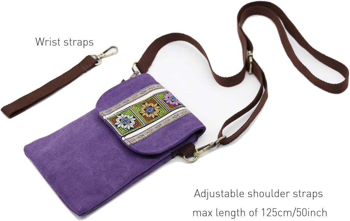 Vintage Embroidered Canvas Flip Small Crossbody Bag Cell Phone Pouch for Women Wristlet Wallet Bag Coin Purse